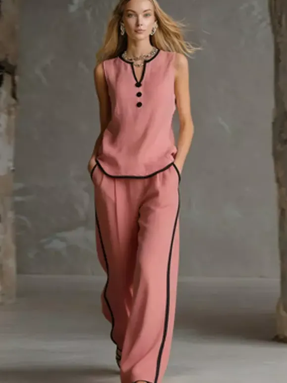 Ensemble deux pièces noir chic bicolore streetwear boutons polyester col rond sans manches