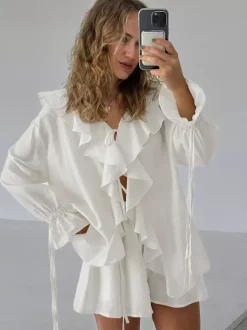 Ensemble deux pièces pour femme : chemise à volants et short - Crème style bohème manches évasées n艙ud sur le devant - Tenue de vacances d'été à la plage 2026