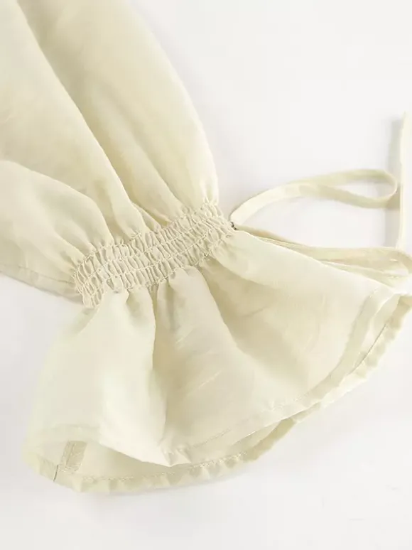 Ensemble deux pièces pour femme : chemise à volants et short - Crème style bohème manches évasées n艙ud sur le devant - Tenue de vacances d'été à la plage 2026