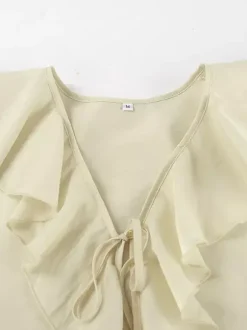 Ensemble deux pièces pour femme : chemise à volants et short - Crème style bohème manches évasées n艙ud sur le devant - Tenue de vacances d'été à la plage 2026