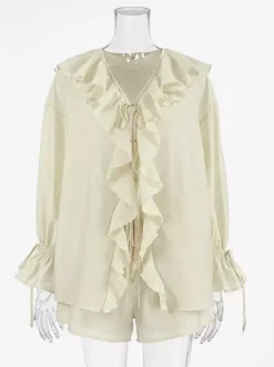 Ensemble deux pièces pour femme : chemise à volants et short - Crème style bohème manches évasées n艙ud sur le devant - Tenue de vacances d'été à la plage 2026