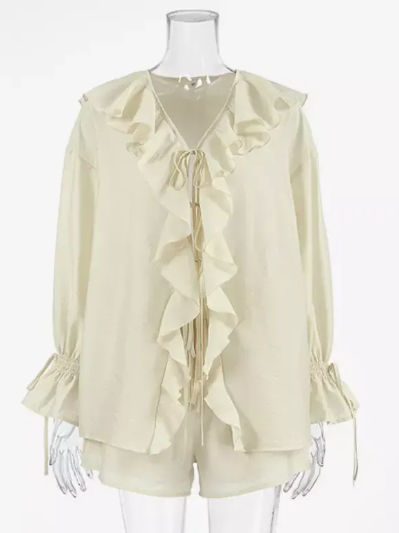 Ensemble deux pièces pour femme : chemise à volants et short - Crème style bohème manches évasées n艙ud sur le devant - Tenue de vacances d'été à la plage 2026