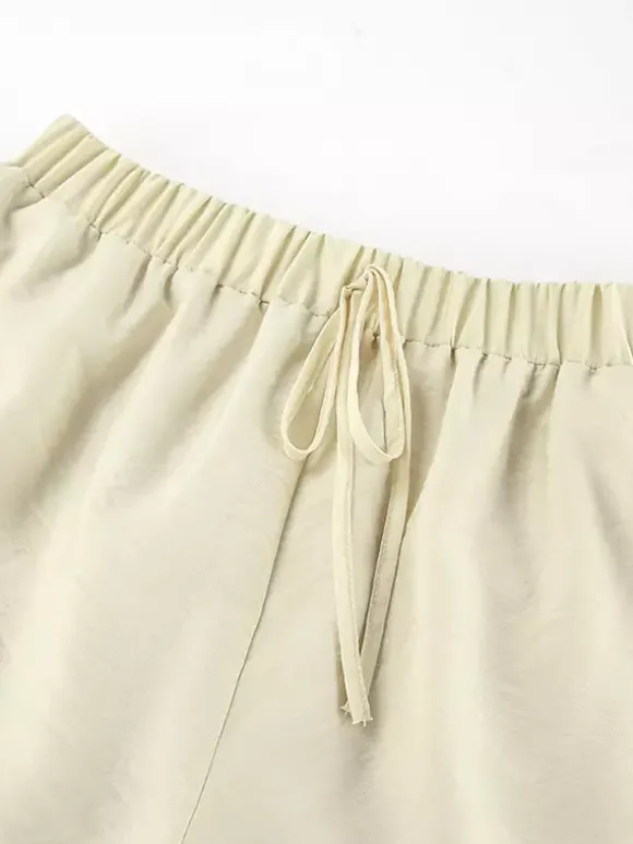 Ensemble deux pièces pour femme : chemise à volants et short - Crème style bohème manches évasées n艙ud sur le devant - Tenue de vacances d'été à la plage 2026