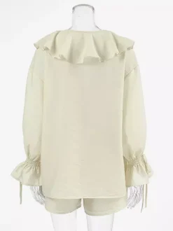 Ensemble deux pièces pour femme : chemise à volants et short - Crème style bohème manches évasées n艙ud sur le devant - Tenue de vacances d'été à la plage 2026