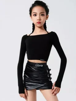 Ensemble deux pièces pour fille noire costume de danse latine jupe en fausse fourrure avec boucle latérale.