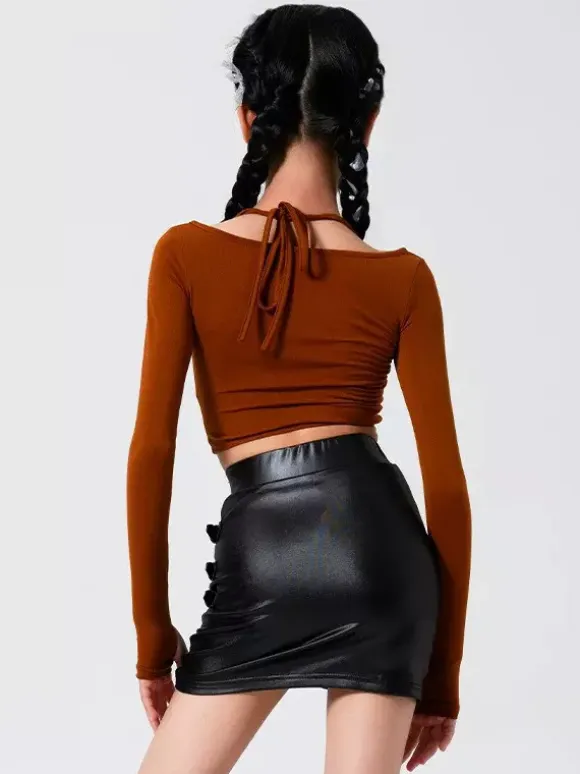 Ensemble deux pièces pour fille noire costume de danse latine jupe en fausse fourrure avec boucle latérale.