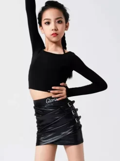 Ensemble deux pièces pour fille noire costume de danse latine jupe en fausse fourrure avec boucle latérale.