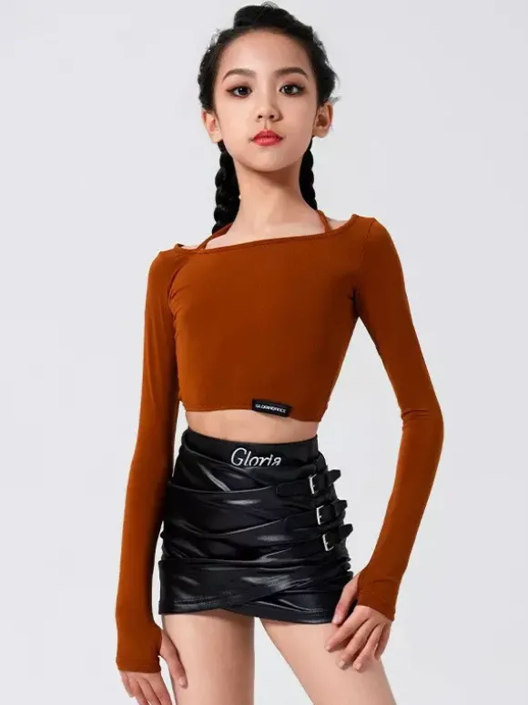 Ensemble deux pièces pour fille noire costume de danse latine jupe en fausse fourrure avec boucle latérale.