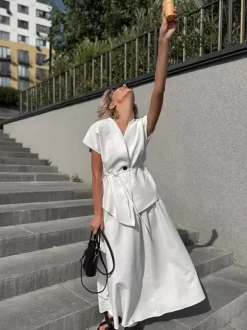 Ensemble deux pièces pour femme : haut cache-c艙ur à col en V et jupe longue taille haute (collection 2026)