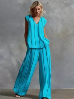 Ensemble deux pièces rayé blanc streetwear en lycra spandex haut sans manches à col en V et pantalon décontracté