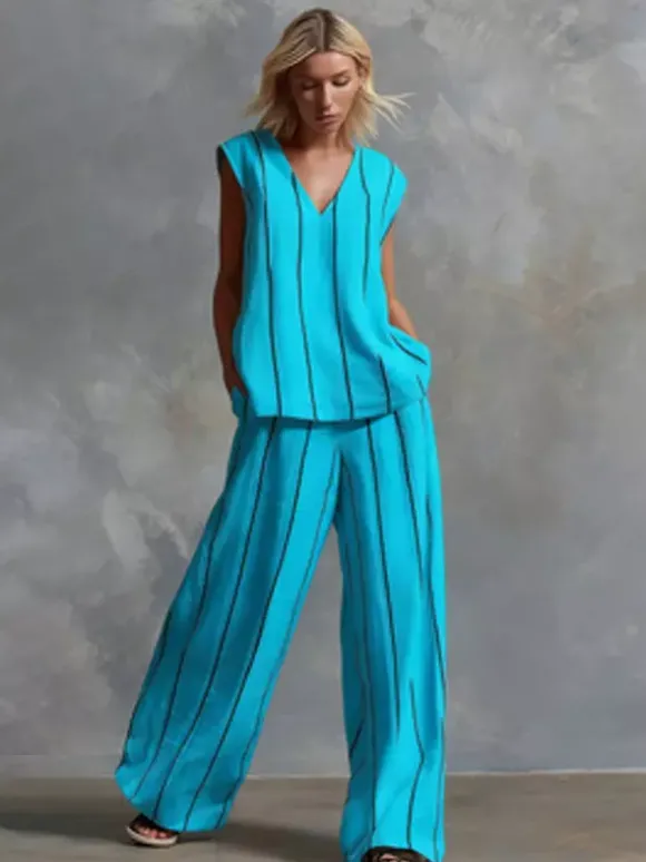 Ensemble deux pièces rayé blanc streetwear en lycra spandex haut sans manches à col en V et pantalon décontracté