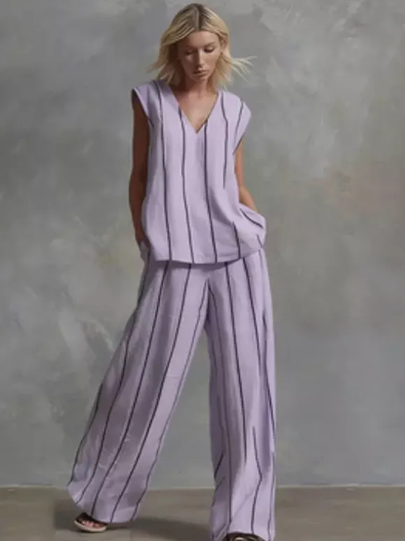 Ensemble deux pièces rayé blanc streetwear en lycra spandex haut sans manches à col en V et pantalon décontracté
