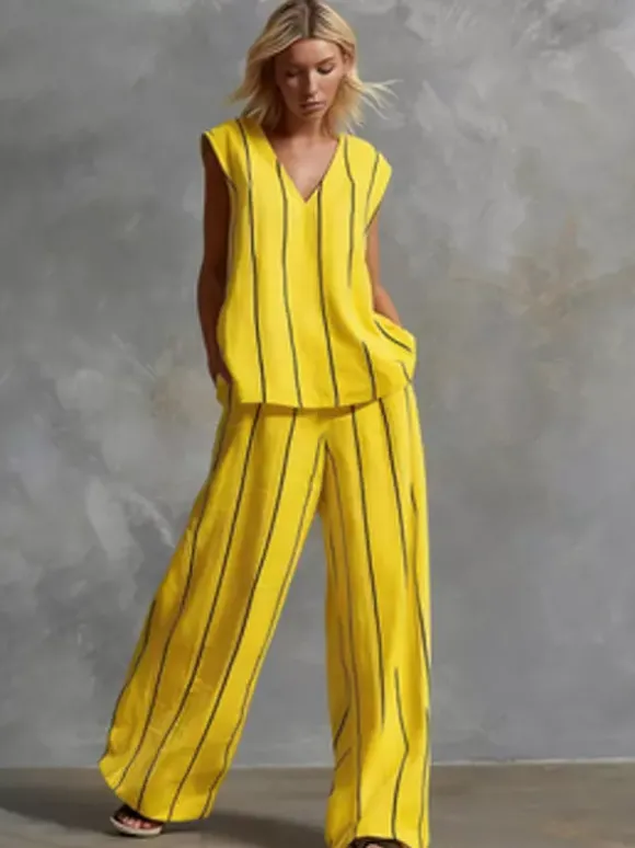 Ensemble deux pièces rayé blanc streetwear en lycra spandex haut sans manches à col en V et pantalon décontracté