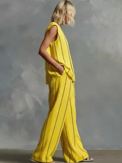 Ensemble deux pièces rayé blanc streetwear en lycra spandex haut sans manches à col en V et pantalon décontracté