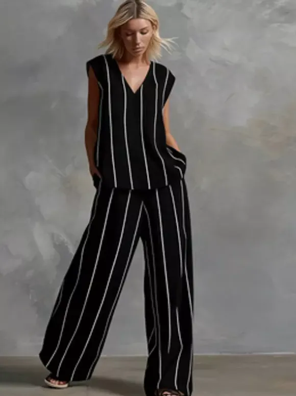 Ensemble deux pièces rayé blanc streetwear en lycra spandex haut sans manches à col en V et pantalon décontracté