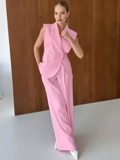 Ensemble deux pièces rose chic décontracté au quotidien avec col rabattu et pantalon sans manches