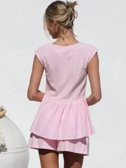 Ensemble deux pièces rose à col V et manches courtes haut et pantalon ensemble d'été