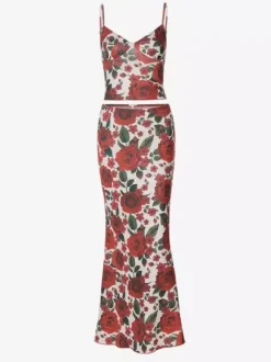 Ensemble deux pièces rouge décontracté à imprimé floral style streetwear en polyester bretelles col et jupe sans manches.