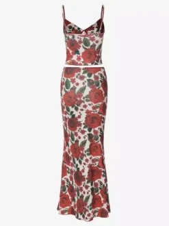 Ensemble deux pièces rouge décontracté à imprimé floral style streetwear en polyester bretelles col et jupe sans manches.
