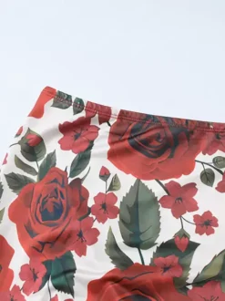 Ensemble deux pièces rouge décontracté à imprimé floral style streetwear en polyester bretelles col et jupe sans manches.