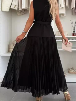 Ensemble deux pièces sans manches pour femme - Gilet ceinturé Old Money et robe maxi plissée - Collection printemps 2026