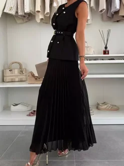 Ensemble deux pièces sans manches pour femme - Gilet ceinturé Old Money et robe maxi plissée - Collection printemps 2026