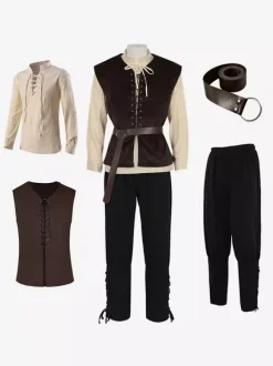 Ensemble gilet et chemise médiévaux marron et noir tenue de paysan/voleur Renaissance pour homme gilet à lacets et chemise de pirate pour fête médiévale