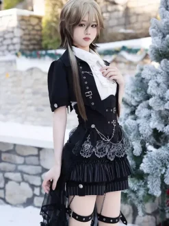 Ensemble gothique Ouji Lolita 3 pièces chemise blanche sans manches veste sur mesure et pantalon court costume de style victorien britannique