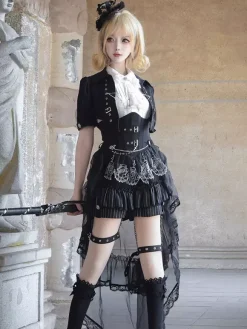 Ensemble gothique Ouji Lolita 3 pièces chemise blanche sans manches veste sur mesure et pantalon court costume de style victorien britannique