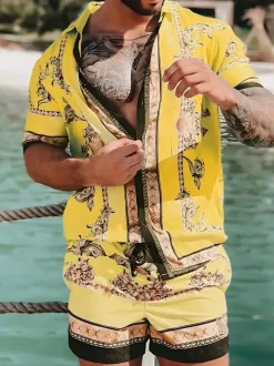 Ensemble hawaïen assorti pour hommes tenue d'été tropicale de plage 2 pièces chemises boutonnées et shorts
