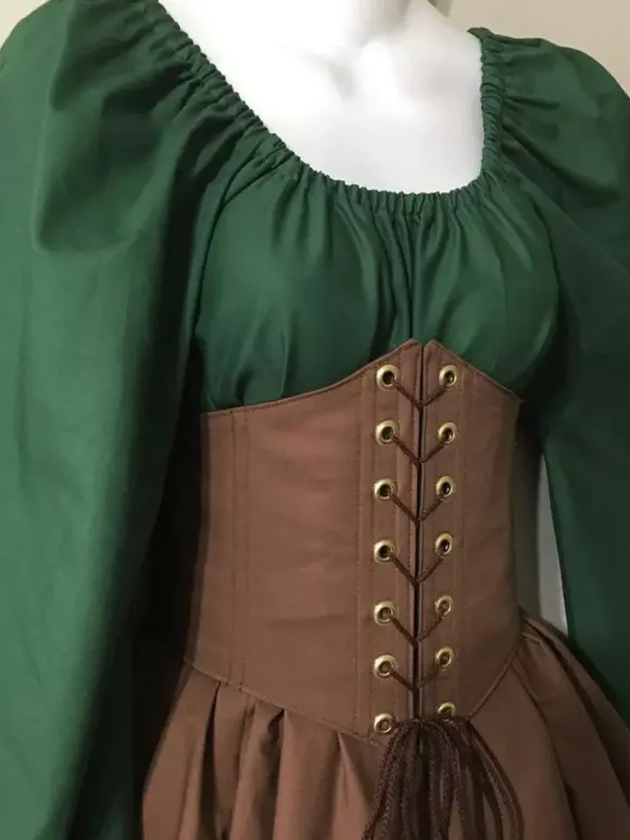Ensemble jupe corset et chemise à manches évasées style gothique médiéval pour femme