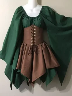 Ensemble jupe corset et chemise à manches évasées style gothique médiéval pour femme
