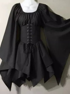 Ensemble jupe corset et chemise à manches évasées style gothique médiéval pour femme