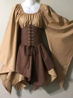 Ensemble jupe corset et chemise à manches évasées style gothique médiéval pour femme