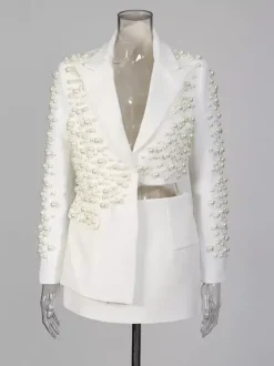 Ensemble jupe et blazer orné de perles pour femme - Ensemble deux pièces sexy asymétrique à découpes - Idéal pour une soirée printanière 2026