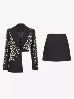 Ensemble jupe et blazer orné de perles pour femme - Ensemble deux pièces sexy asymétrique à découpes - Idéal pour une soirée printanière 2026