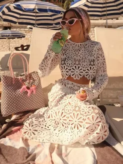 Ensemble jupe longue en dentelle guipure pour femme - Haut court à manches longues ajouré et jupe longue - Idéal pour les vacances d'été à la plage 2026