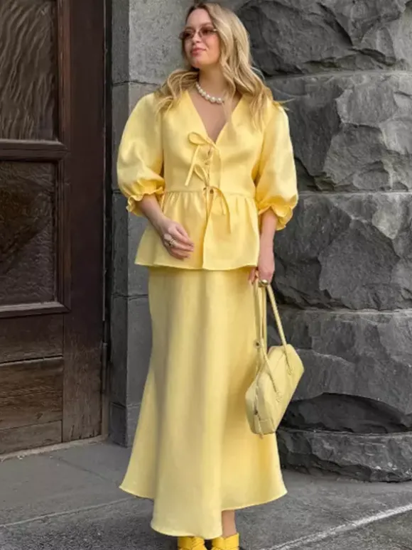 Ensemble jupe longue péplum pour femme deux pièces élégantes - Jaune n艙ud français sur le devant manches bouffantes - Vacances d'été à la plage 2026
