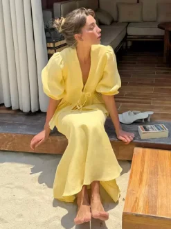 Ensemble jupe longue péplum pour femme deux pièces élégantes - Jaune n艙ud français sur le devant manches bouffantes - Vacances d'été à la plage 2026