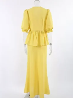 Ensemble jupe longue péplum pour femme deux pièces élégantes - Jaune n艙ud français sur le devant manches bouffantes - Vacances d'été à la plage 2026