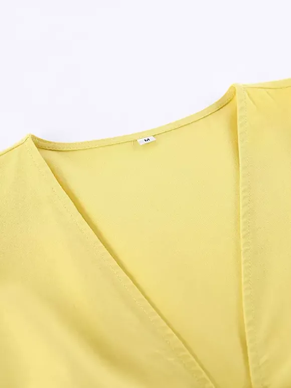 Ensemble jupe longue péplum pour femme deux pièces élégantes - Jaune n艙ud français sur le devant manches bouffantes - Vacances d'été à la plage 2026