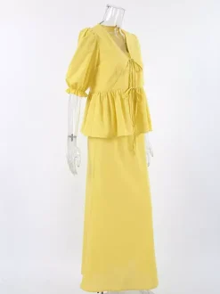 Ensemble jupe longue péplum pour femme deux pièces élégantes - Jaune n艙ud français sur le devant manches bouffantes - Vacances d'été à la plage 2026