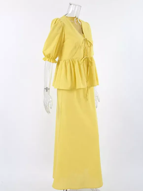 Ensemble jupe longue péplum pour femme deux pièces élégantes - Jaune n艙ud français sur le devant manches bouffantes - Vacances d'été à la plage 2026