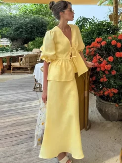 Ensemble jupe longue péplum pour femme deux pièces élégantes - Jaune n艙ud français sur le devant manches bouffantes - Vacances d'été à la plage 2026