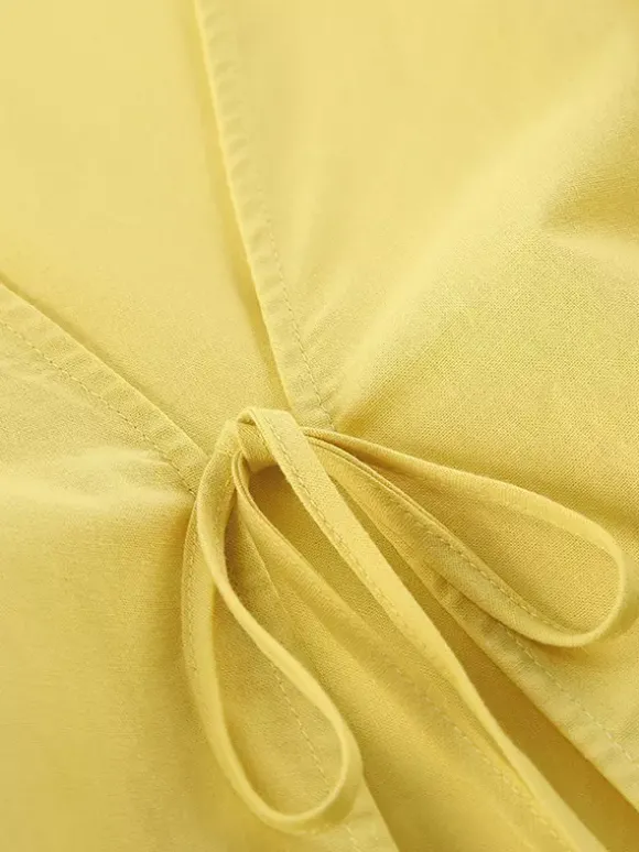 Ensemble jupe longue péplum pour femme deux pièces élégantes - Jaune n艙ud français sur le devant manches bouffantes - Vacances d'été à la plage 2026