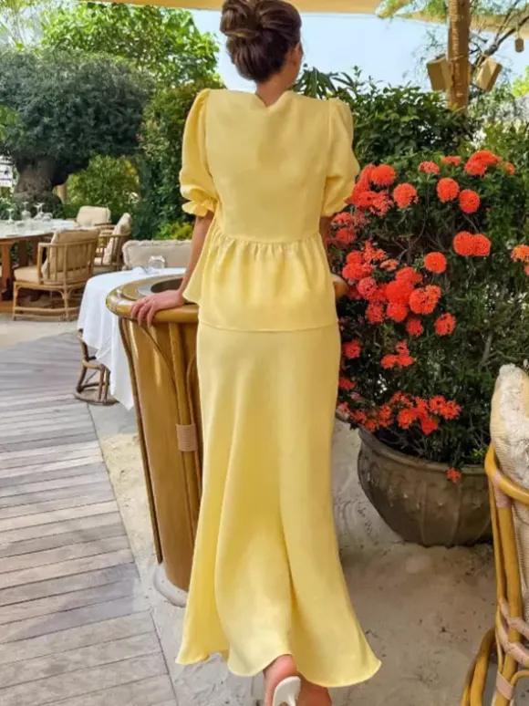 Ensemble jupe longue péplum pour femme deux pièces élégantes - Jaune n艙ud français sur le devant manches bouffantes - Vacances d'été à la plage 2026