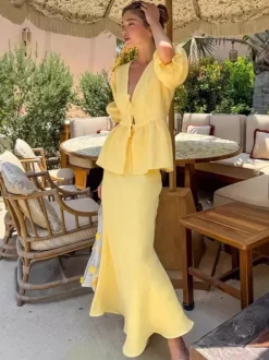 Ensemble jupe longue péplum pour femme deux pièces élégantes - Jaune n艙ud français sur le devant manches bouffantes - Vacances d'été à la plage 2026