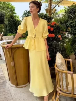 Ensemble jupe longue péplum pour femme deux pièces élégantes - Jaune n艙ud français sur le devant manches bouffantes - Vacances d'été à la plage 2026