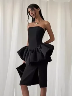 Ensemble élégant 2 pièces pour femme - Top tube péplum vintage et jupe midi fendue sur le côté - Tenue chic pour les fêtes d'été 2026