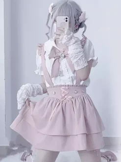 Ensemble Lolita à manches courtes chemisier à volants et jupe pull superposée à lacets